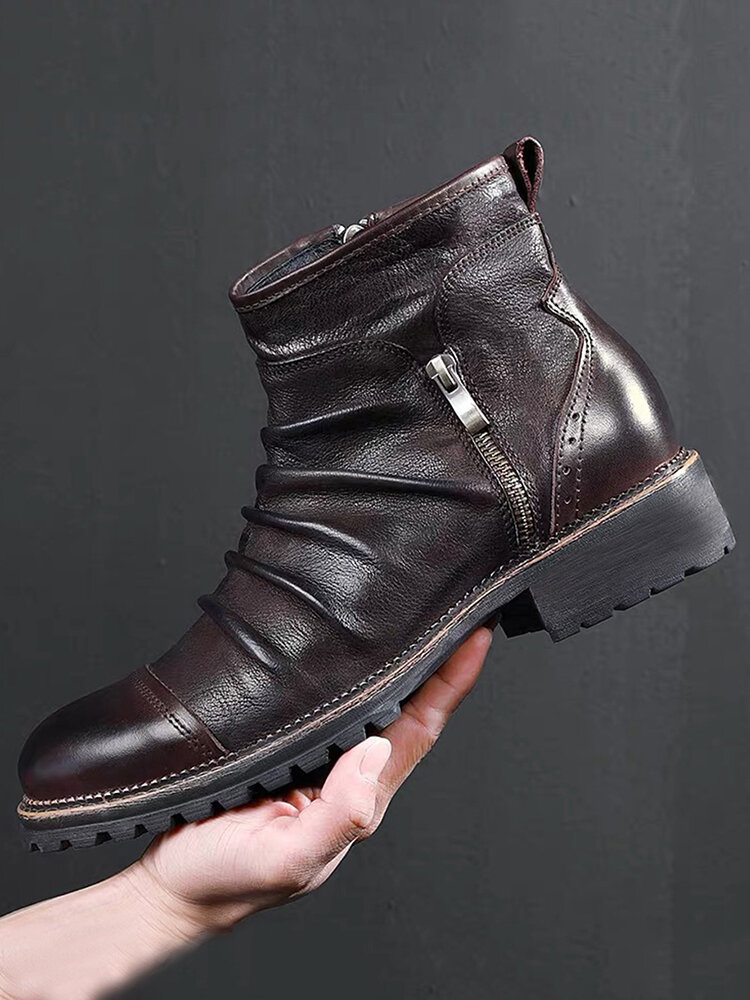 Men Retro Color Leather Non Slip Side Zipper Casual Boots