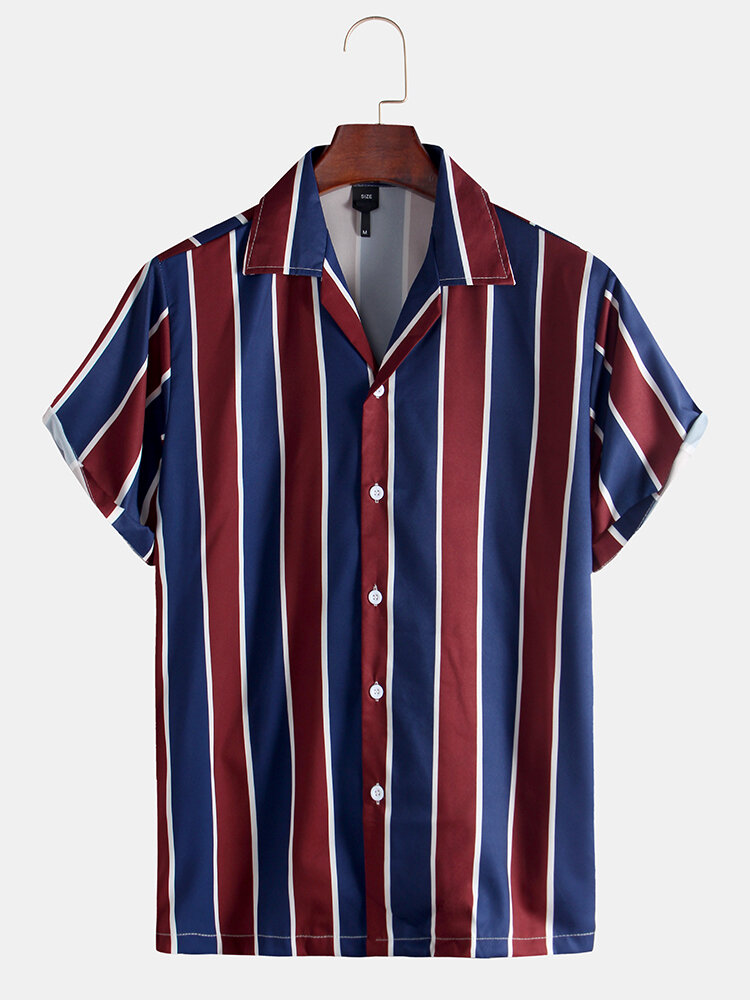 Men Red-blue Striped Print Casual Short Sleeve Shirt