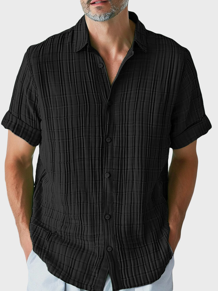 Mens Solid Textured Lapel Collar Camisas de manga curta