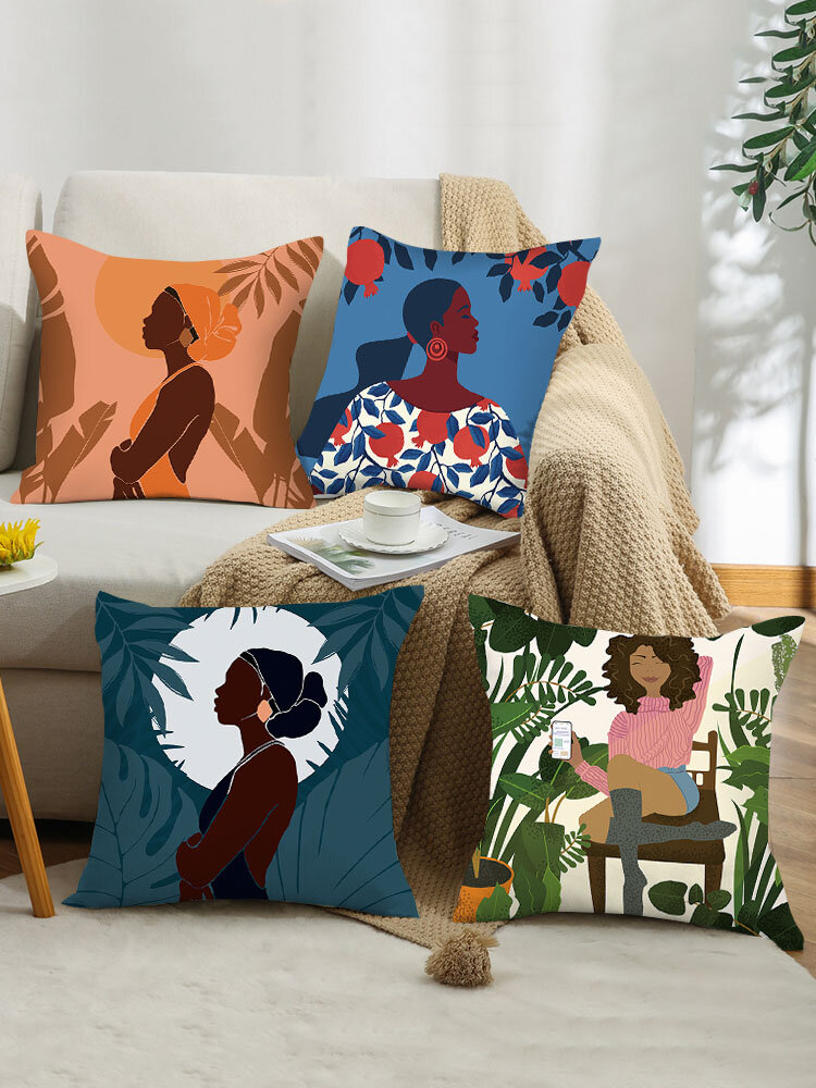 4PCS Colorful Abstract Pattern Cartoon Female Figure Printing Peach Skin Pillowcase Home Decor Sofa Living Room Car Thro