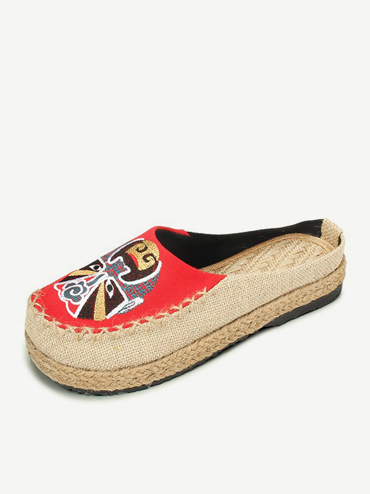 

Theatrical Mask Flax National Wind Open Heel Slip On Espadrilles Flat Loafers, Red;green;blue