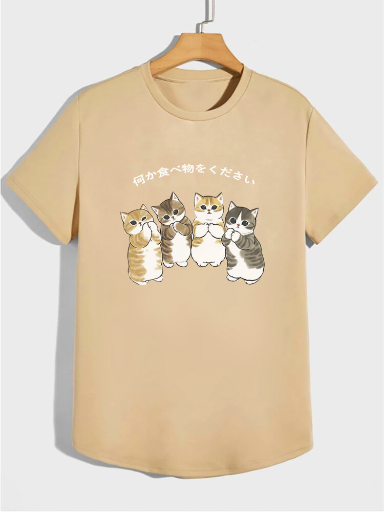 

Mens Japanese Cartoon Cat Print Crew Neck Short Sleeve T-Shirts, Khaki;white