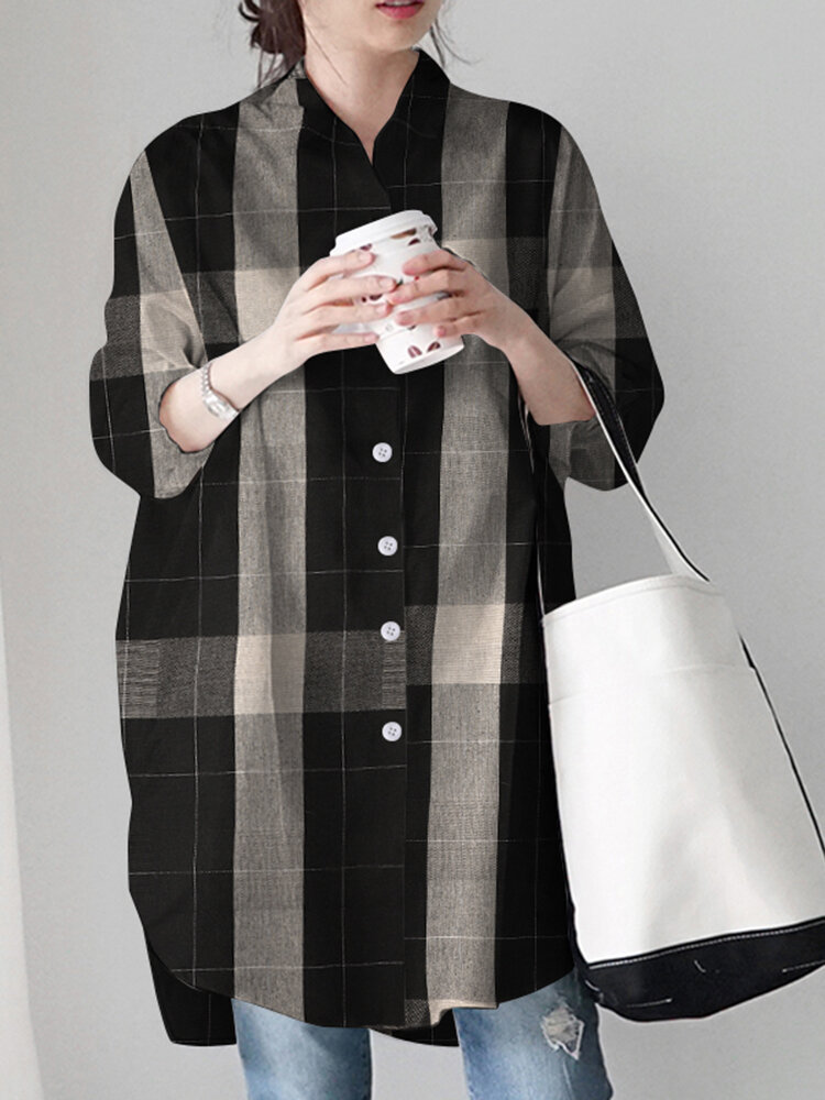 Check Pattern Loose Button Front Lapel Long Sleeve Shirt