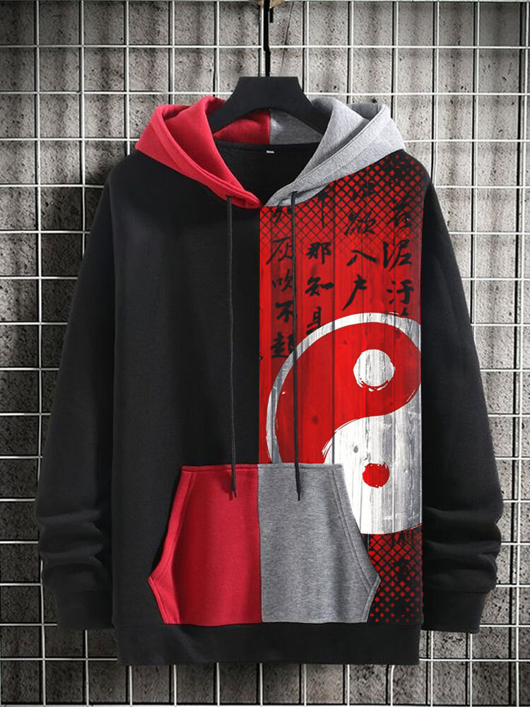 Hoodies masculinos chineses Yin Yang patchwork canguru com bolso e cordão