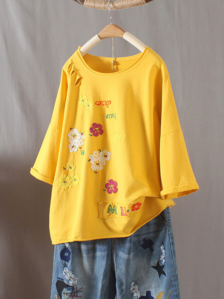 Floral Embroidery O-Neck Half Sleeve T-shirt