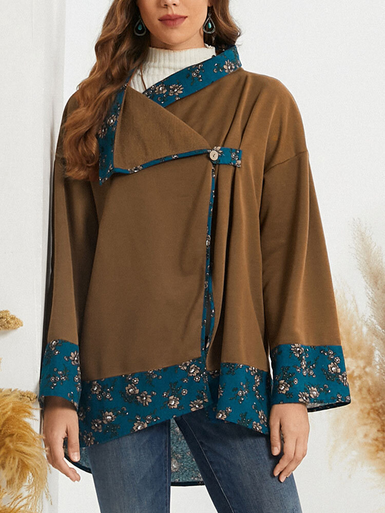 Floral Print Lapel Button Long Sleeve Women Jacket
