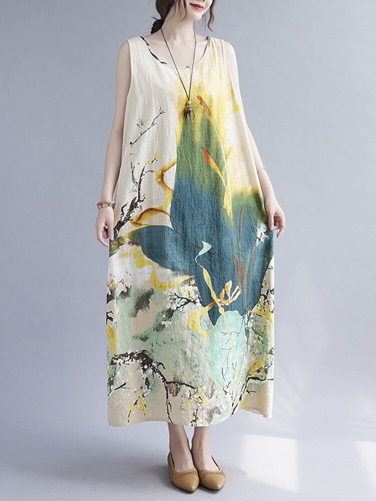 Natural Landscape Print Plus Size O-neck Tank Top Dress