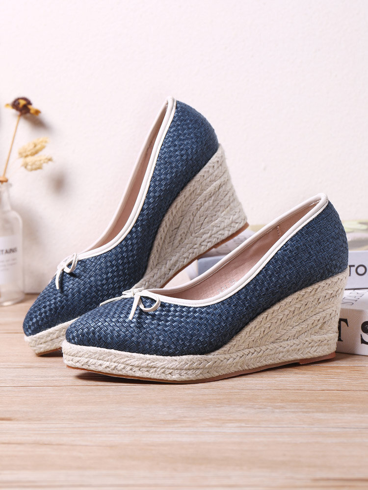 Women Casual Soild Color Bowknot Design Breathable Wedges Heel Espadrille Loafers Shoes