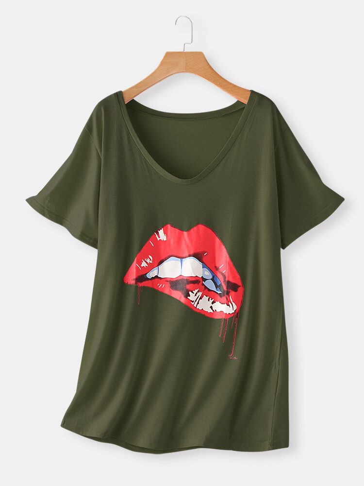 Red Lips Printed Short Sleeve V-neck Casual T-shirt For Women