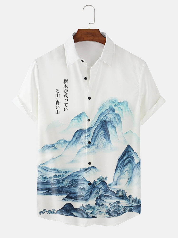 Mens Japanese Mountain Landscape Print Lapel Short Sleeve Shirts