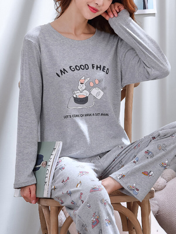 Women Cute Cartoon Animal Print Pajamas Set Long Sleeve O-Neck Loungewear