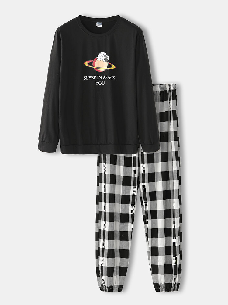 Cotton Sleepwear Black Aerospace Print Long Sleeve & Plaid Jogger Pants Pajamas Sets