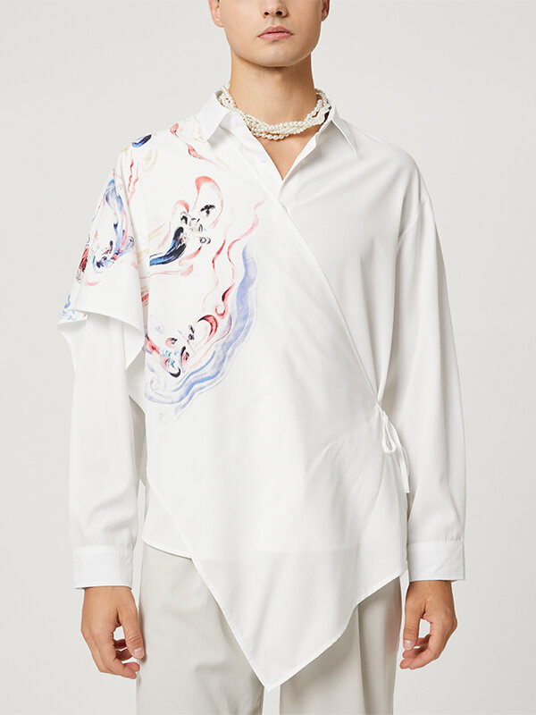 

Mens Chinese Style Print Tie-Up Shawl Shirt, White