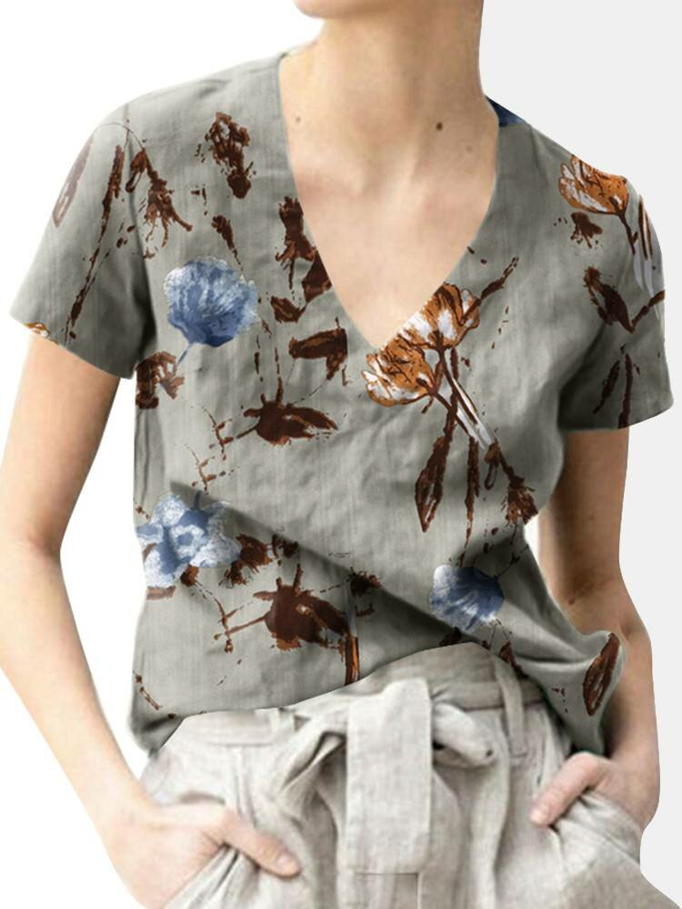 Camiseta de manga corta con cuello en V y estampado de flores para Mujer