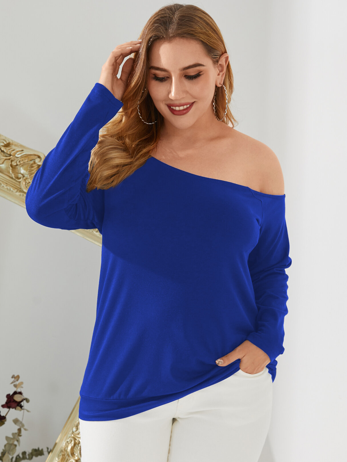 Plus Size Solid One Shoulder Long Sleeves T-shirt