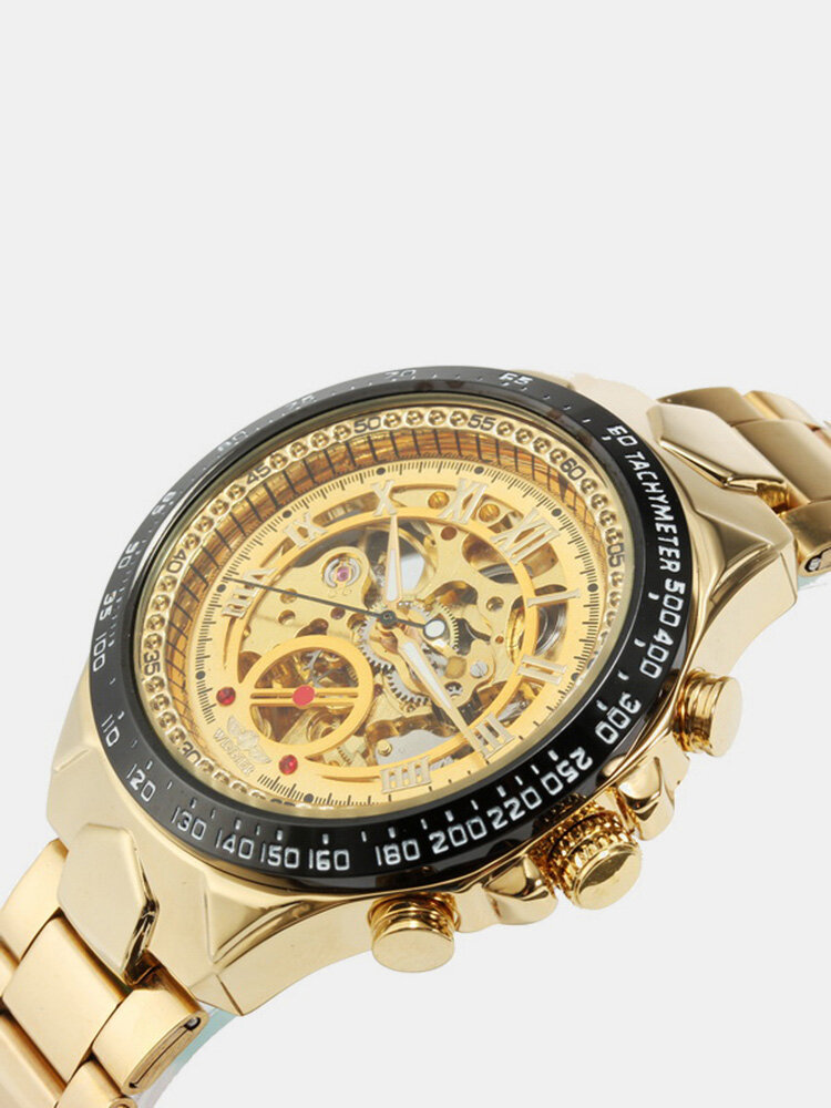 WIN·NER Fashion Shining Roman Numerals Mechanical Watch Luxury Golden Automatic Mens Watch