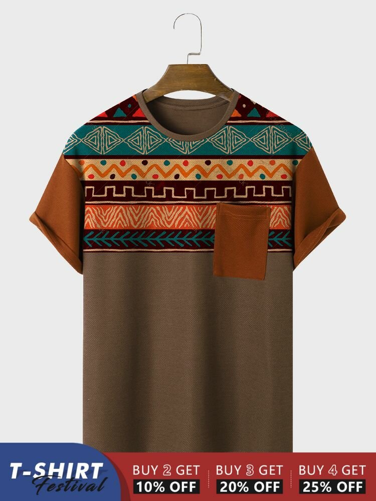 

Mens Ethnic Geometric Print Chest Pocket Patchwork Short Sleeve T-Shirts, Brown