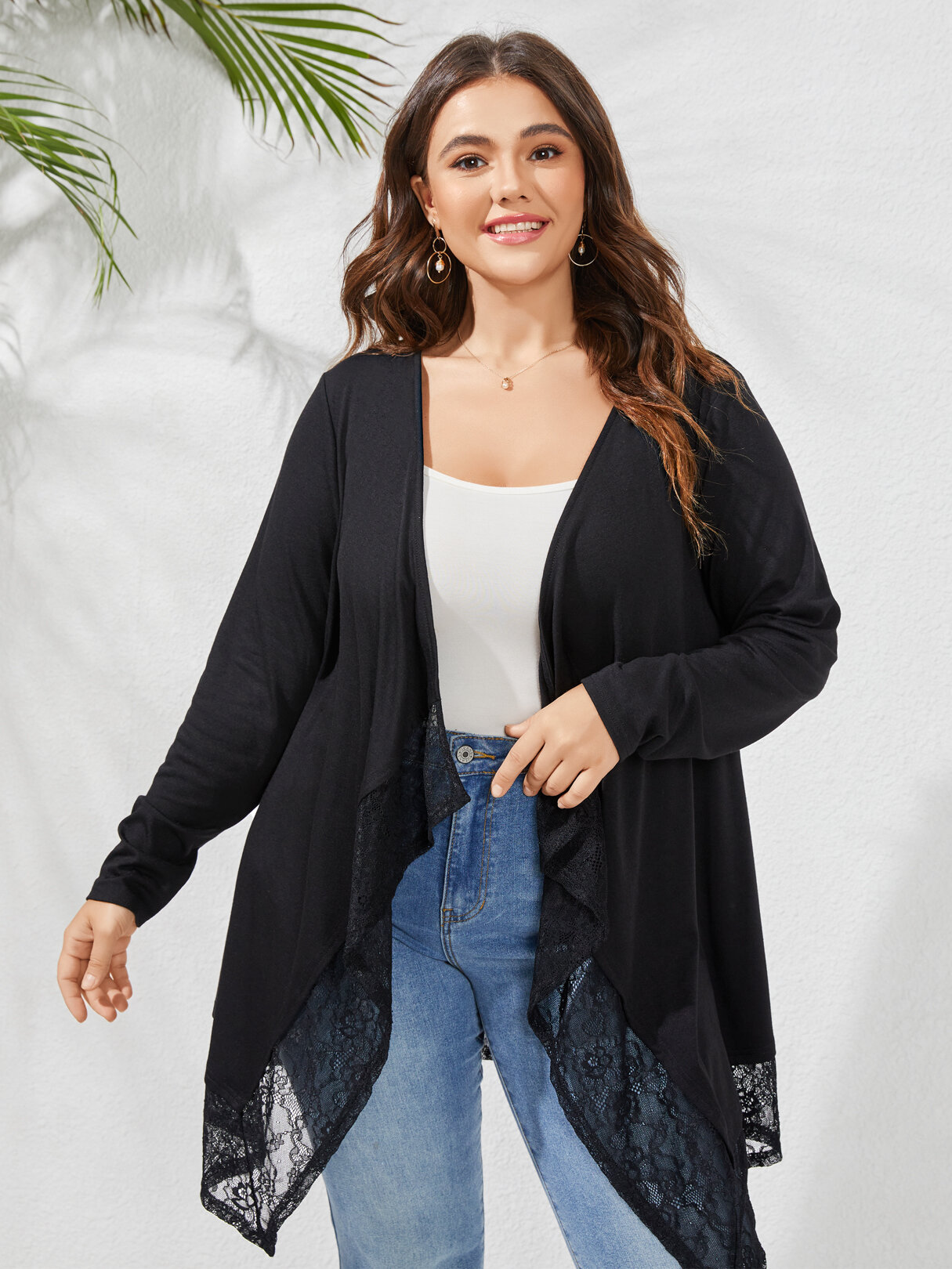 Plus Size Lace Patchwork Open Front Long Sleeve Cardigan