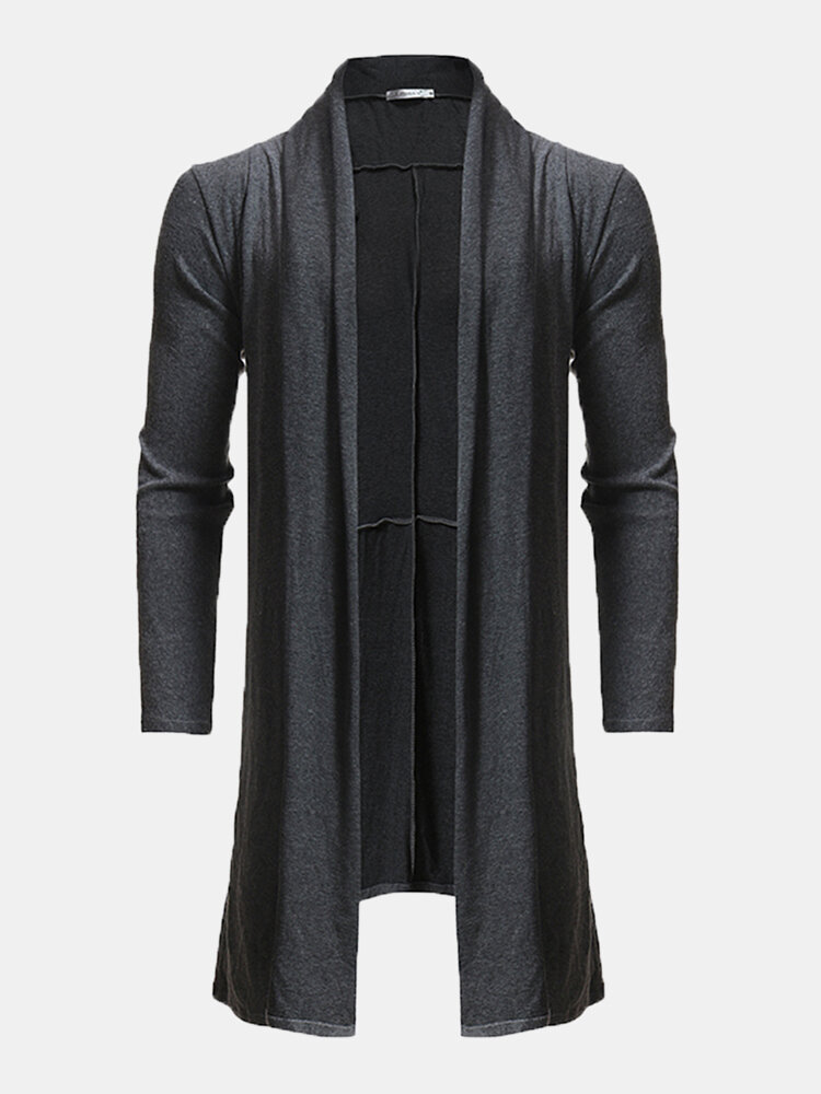

Mens Casual Solid Color Irregular Hem Mid Long Draped Woollen Cardigans, Black;dark gray