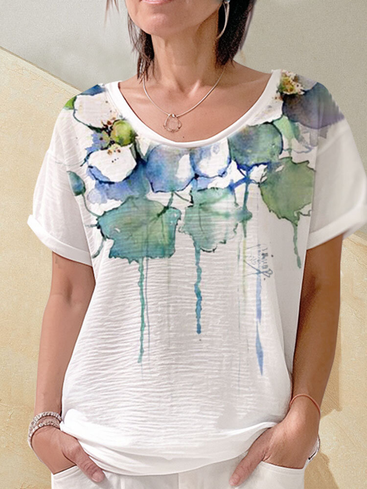 Women Watercolor Plants Print Crease Short Sleeve T-Shirt