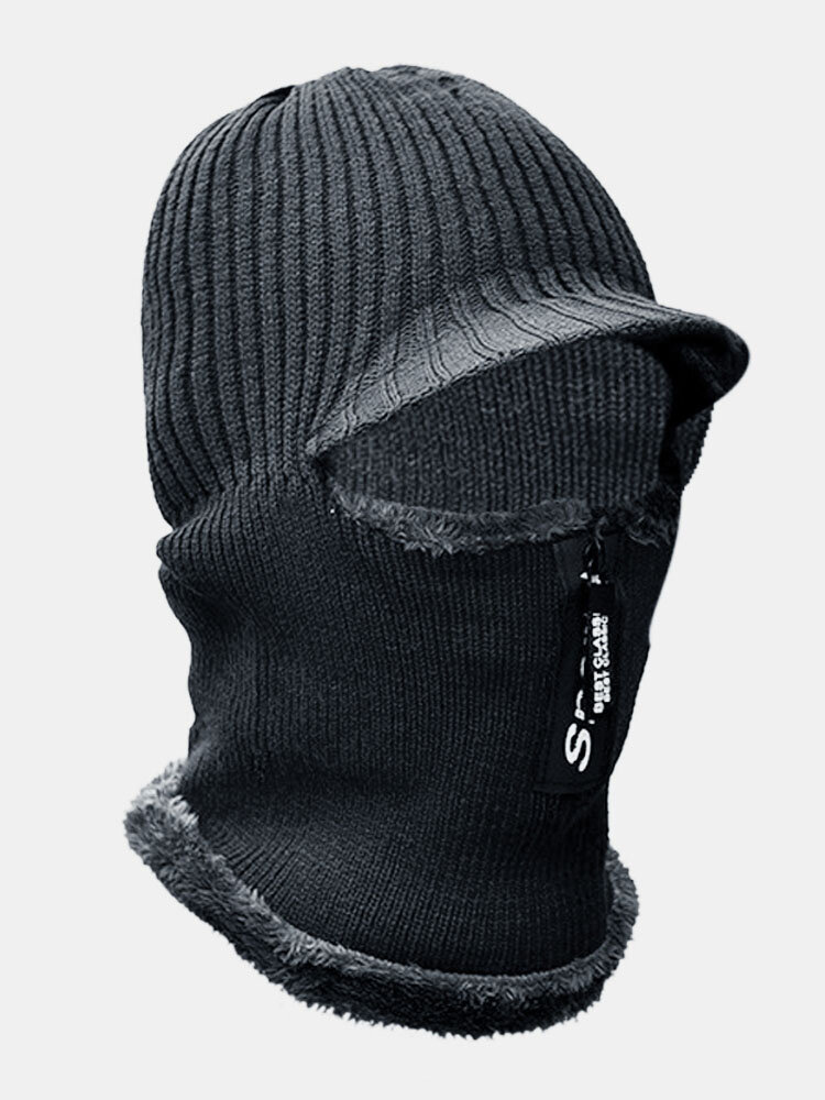 Men Wool One-piece Plus Velvet Thick Winter Keep Warm Neck Protection Windproof Zipper Knitted Hat
