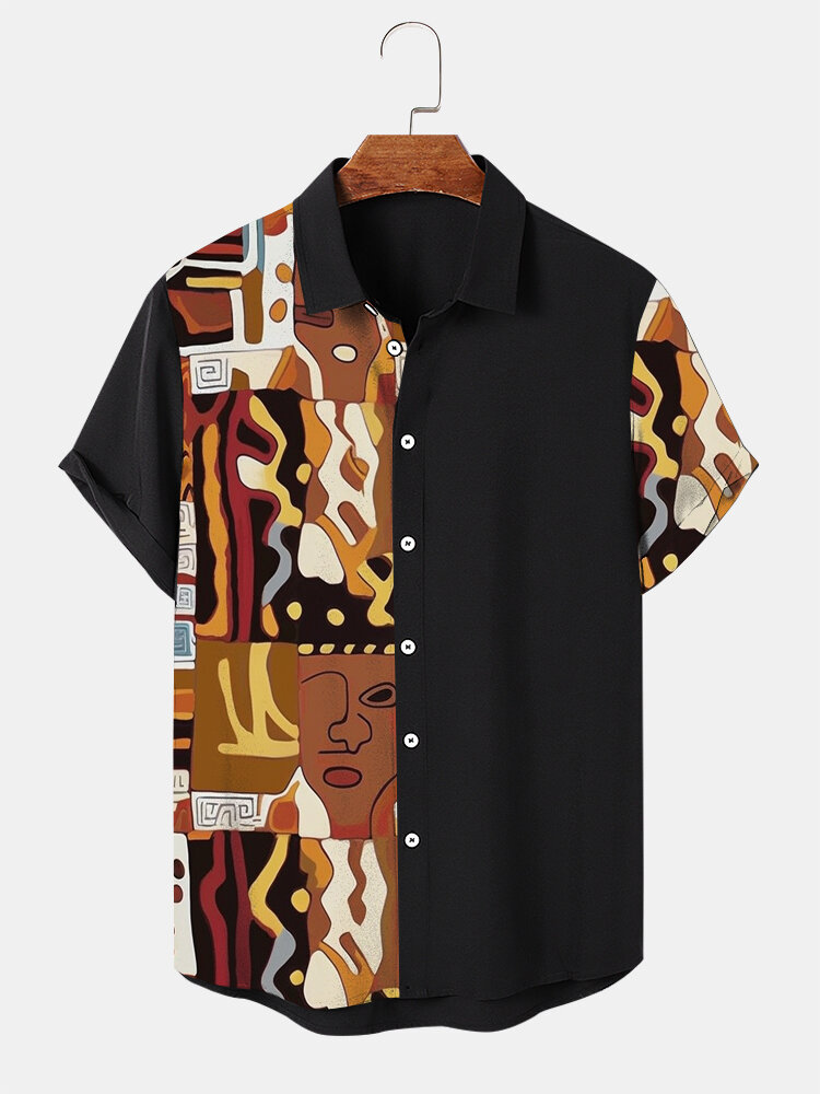 Mens Ethnic Abstract Print Patchwork Lapel Short Sleeve Shirts