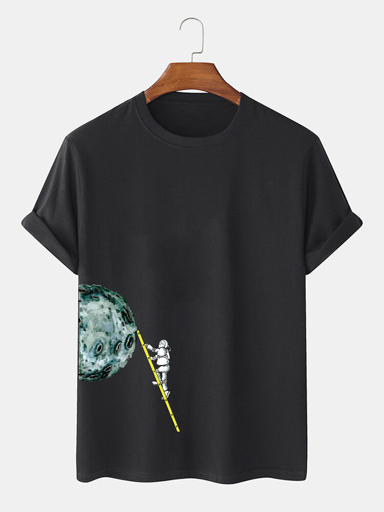 Mens Moon Astronaut Printed O-Neck 100% Cotton Short Sleeve T-Shirts