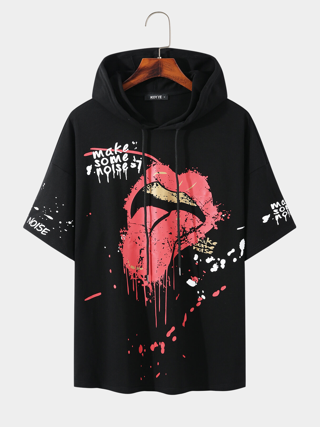 Men 100% Cotton Lip And Letter Graffiti Hooded T-Shirt