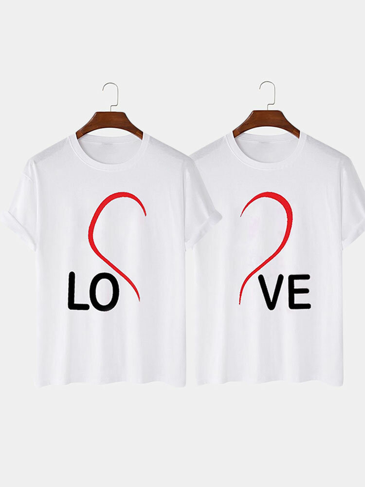 

Mens Heart Letter Print Valentine' Day Short Sleeve Couple T-Shirts Winter, White
