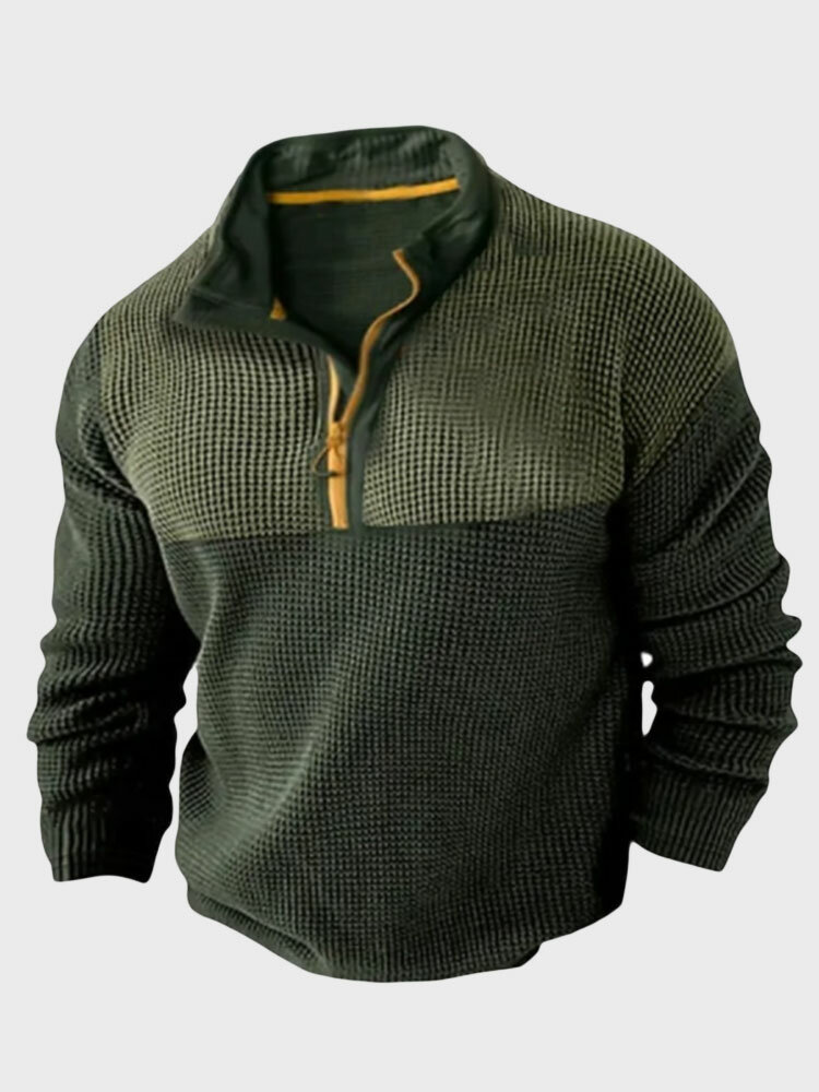 Mens Waffle Knit Contrast Patchwork Half Zip Pullover Sweatshirts Winter