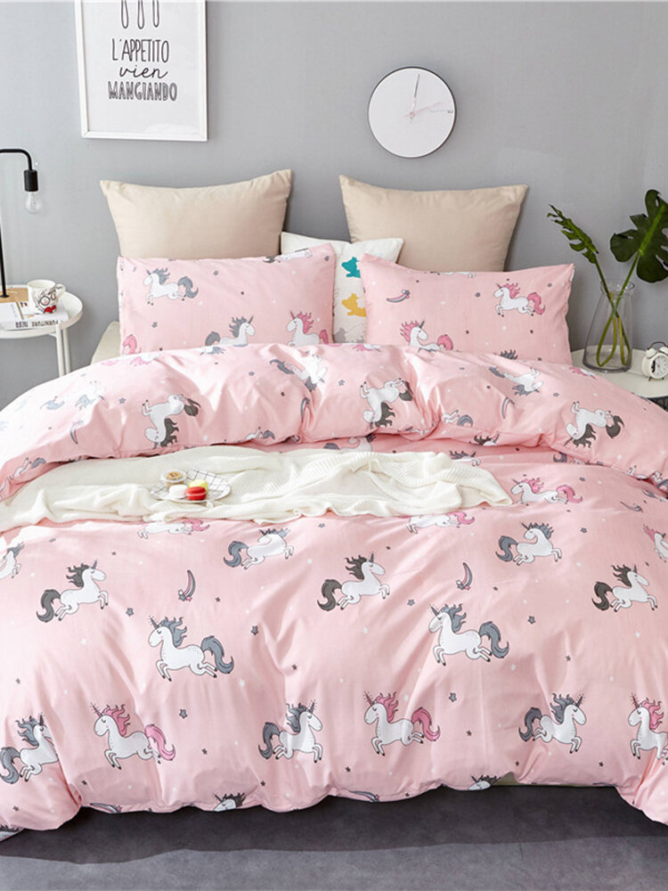 2/3Pcs Pink Unicorn Romantic Double Stripes Banana Leaf Quilt Cover Pillowcase Bedding Set