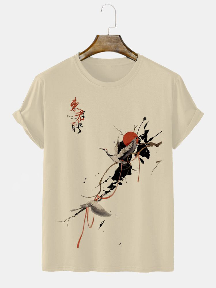 Herren-T-Shirts mit chinesischem Kranich-Tintendruck, Rundhalsausschnitt, kurzärmelig, Winter