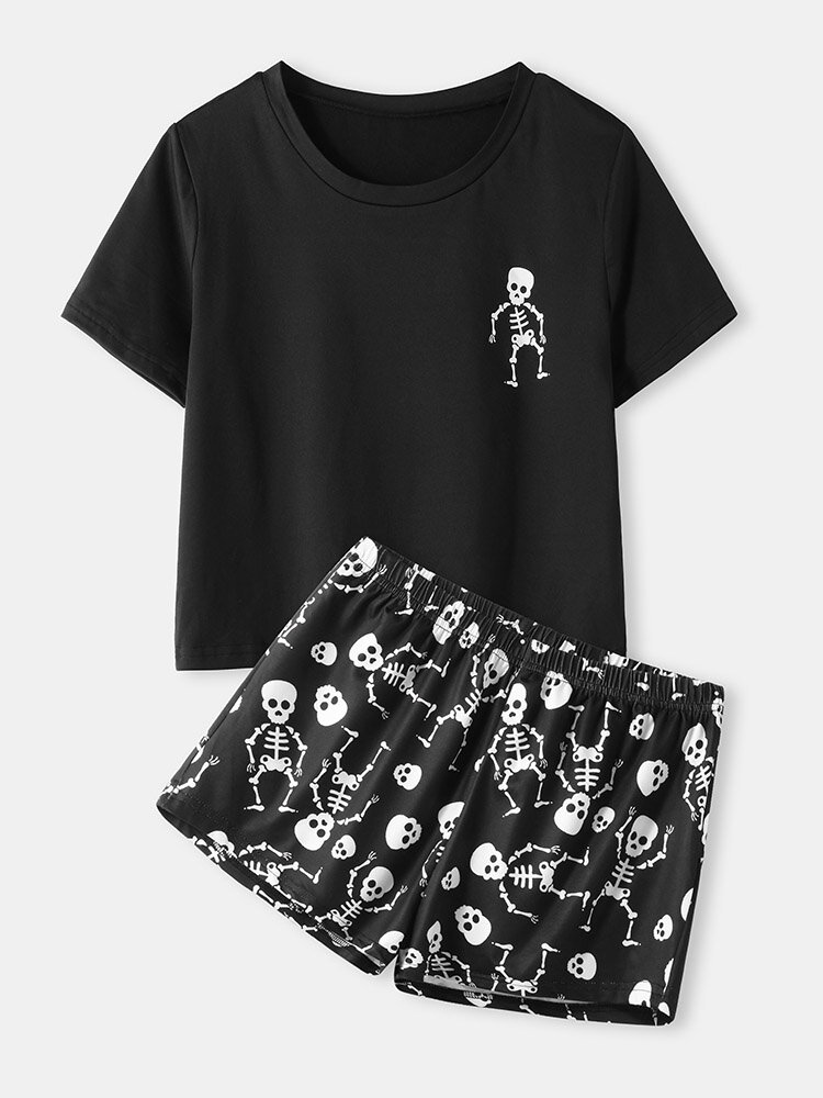 Women Monochrome Skull Skeleton Print Round Neck Crop Pajamas Sets With Shorts