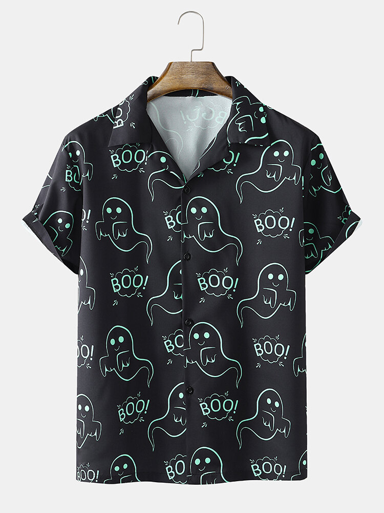 Mens Funny Ghost Printed Revere Collar Street Short Sleeve Shirts