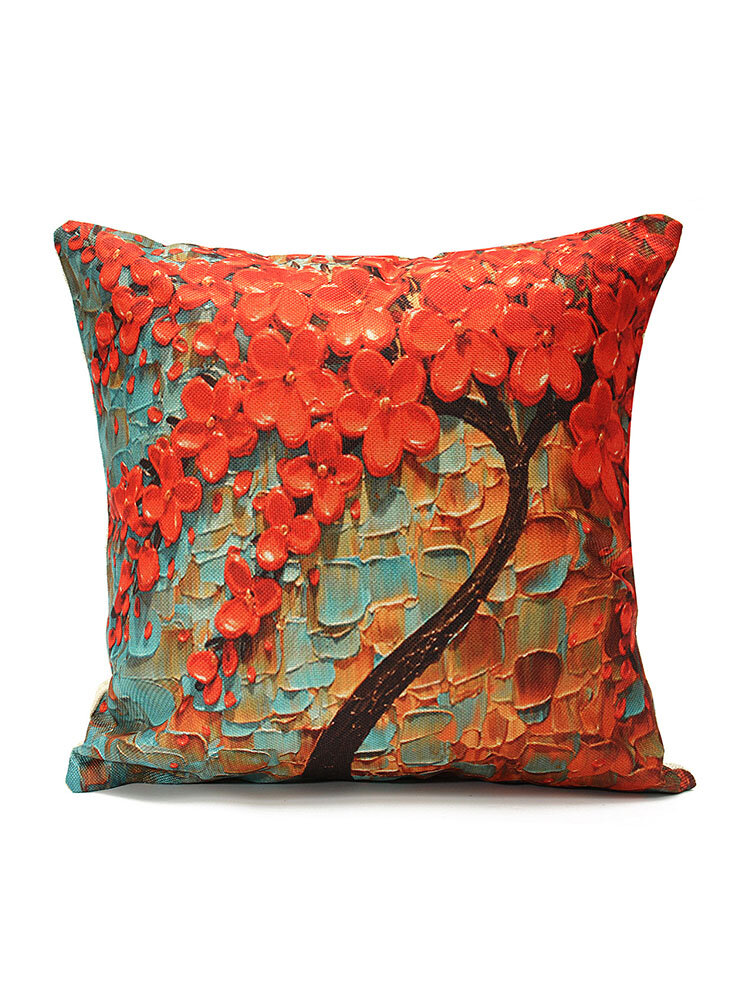 3D Colorful Tree Flower Cushion Cover Cotton Linen Pillow Case Home Sofa Decor