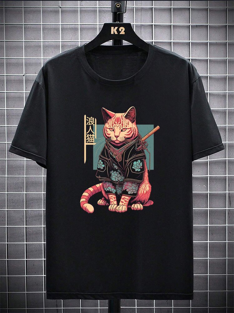 

Mens Japanese Element Cat Print Crew Neck Short Sleeve T-Shirts Winter, Black