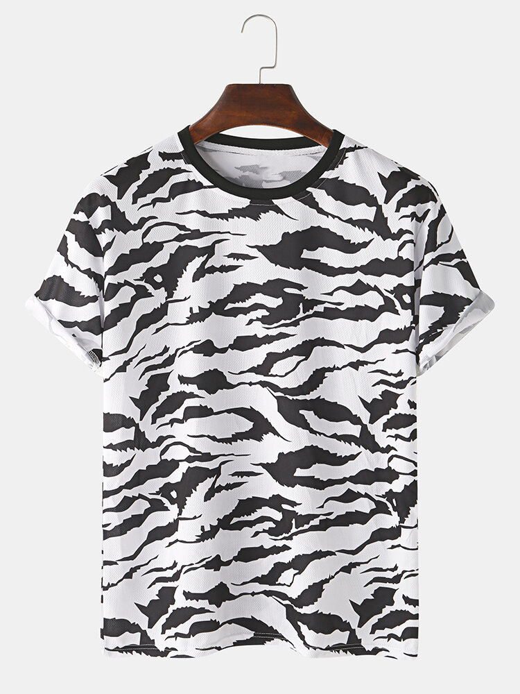 Mens Leopard Print Round Neck Summer Loose Breathable T-Shirt
