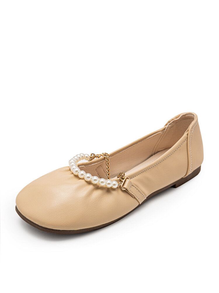 

Women Elegant Pearl Metal Chain Embellished Soft Comfy Square Toe Flat Shoes, Beige;camel