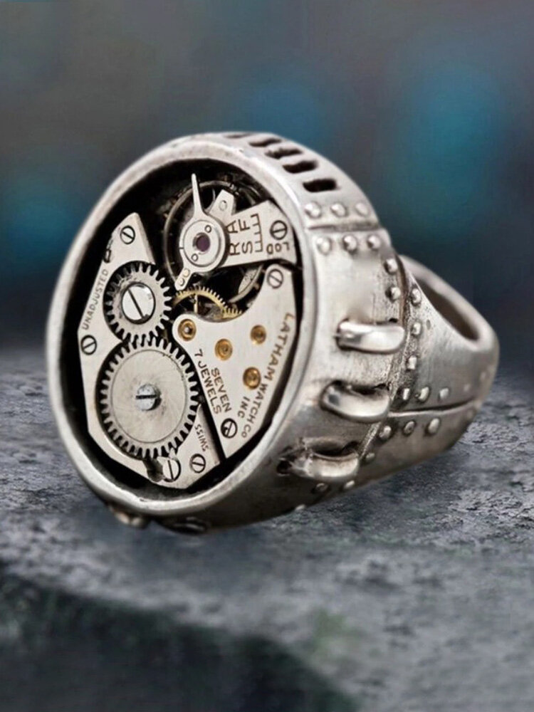 Trendy Stylish Distressed Precision Mechanical Clock Movement Gear Accessories Shape Design Metallic Sense Alloy Ring
