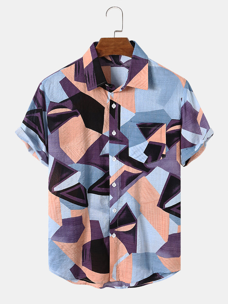 Mens Abstract Color Block Cotton Casual Short Sleeve Shirts With Pocket