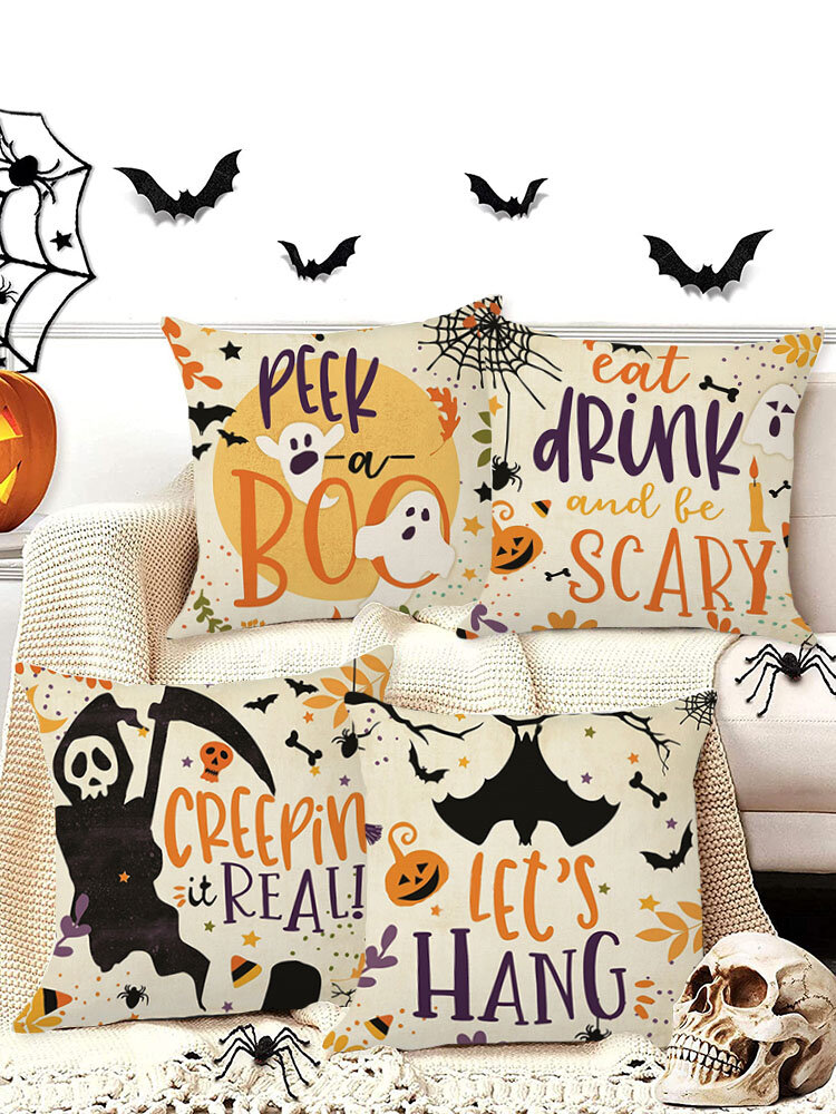

4 PCs Retro Linen Pumpkin Clown Bat Pattern Festival Decoration Halloween Cushion Cover Throw Pillow Cover Pillowcase