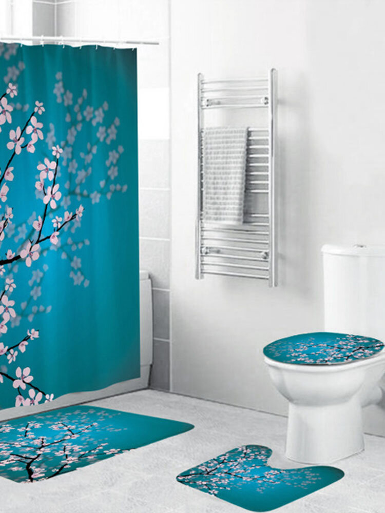 E-commerce New 3d Digital Printing Polyester Flower Waterproof Shower Curtain Green Plant Floor Mat Toilet Three-piece