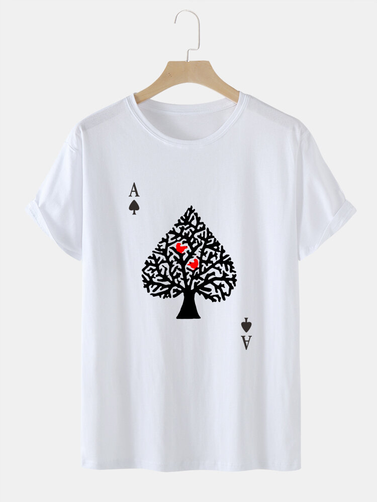 

100% Cotton Mens Poker Spades A Print Crew Neck Short Sleeve T-Shirt, White;brown;green;black