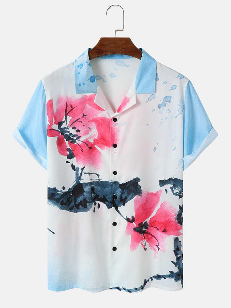 

Mens Calico Print Ink Painting Hem Cuff All Matched Shirts, White