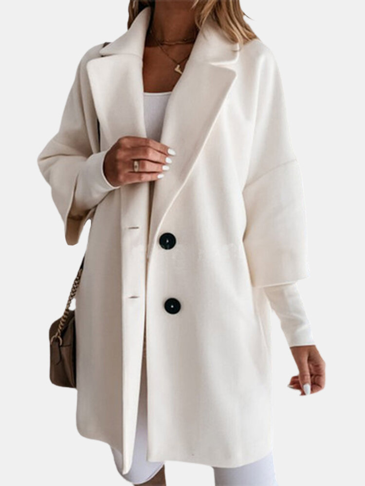 Elegant 3/4 Sleeve Lapel Midi Woolen Plus Size Coat