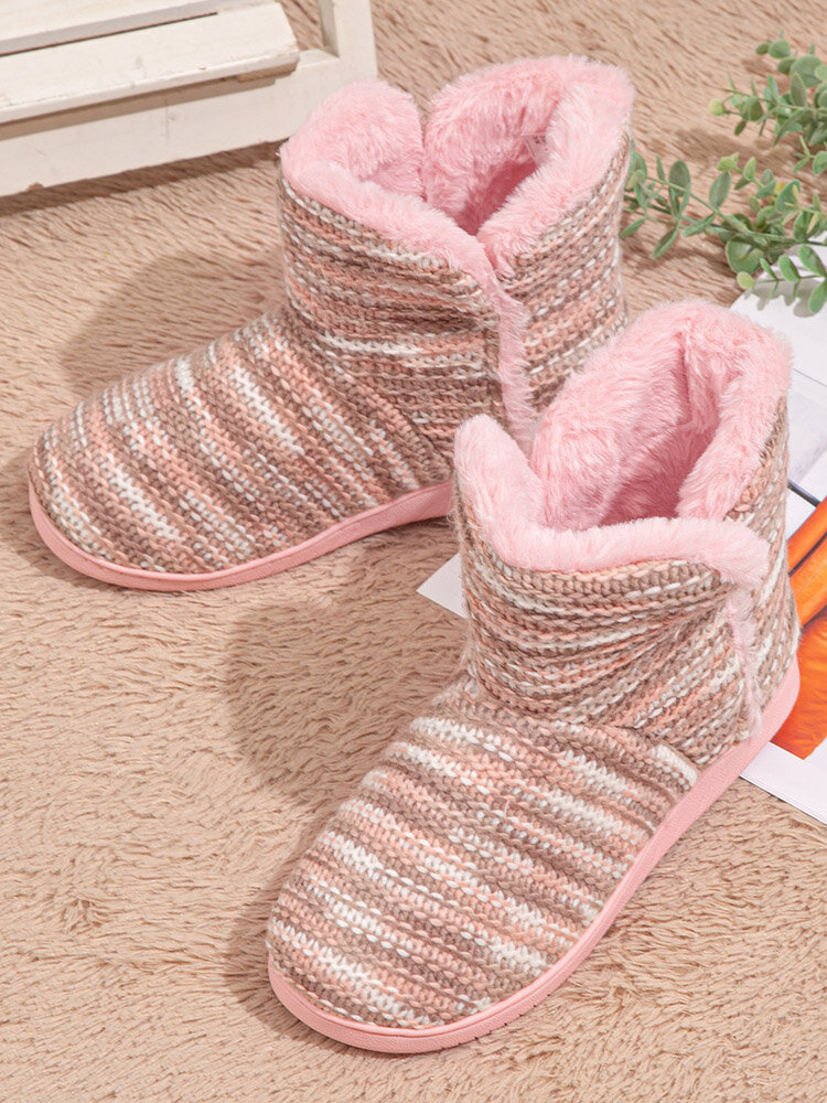 Winter Women Comfortable Indoor Warm Cotton Pink Striped Knitted Home Boots