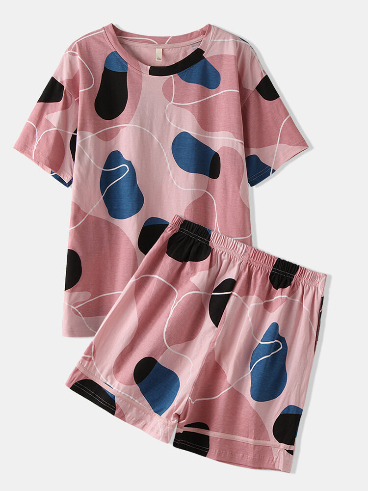 Women Pajamas Short Set Cotton Color Block Print Casual Sleepwear For Summer