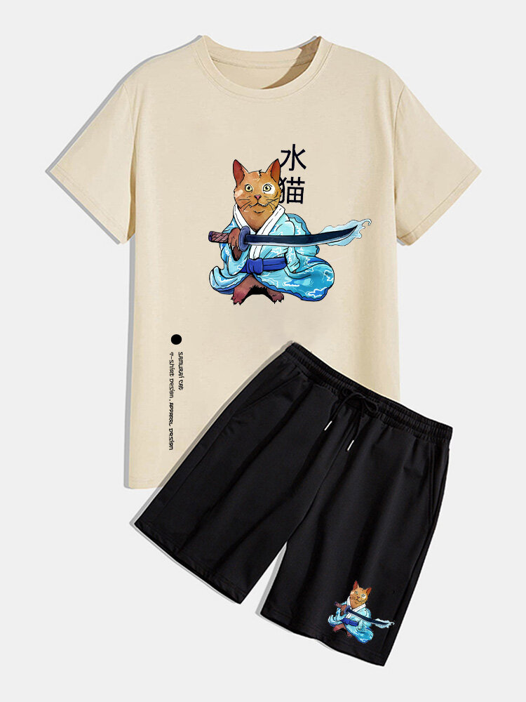 ملابس رجالي برقبة دائرية مطبوعة على شكل قطة يابانية من قطعتين