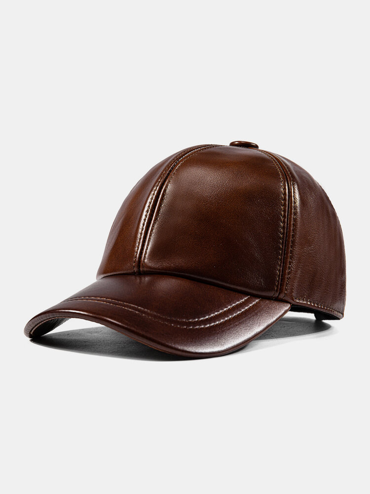 Men Cow Leather Solid Color Autumn Winter Warmth Cold Protection Driving Hat Baseball Cap