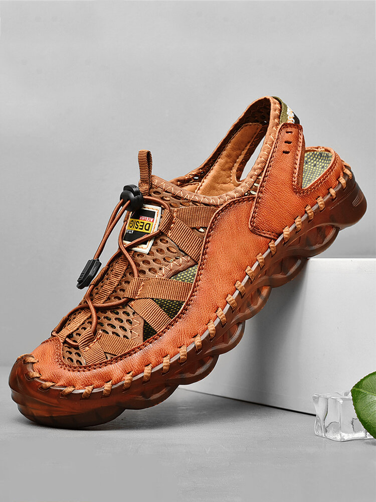Men Closed Toe Mesh Splicing Slip Resistant Outdoor Leather Sandals